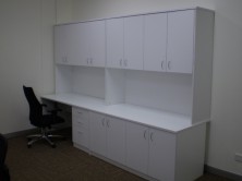 Special Workstation And Credenza Setting With Overhead Hinged Door Hutch Units